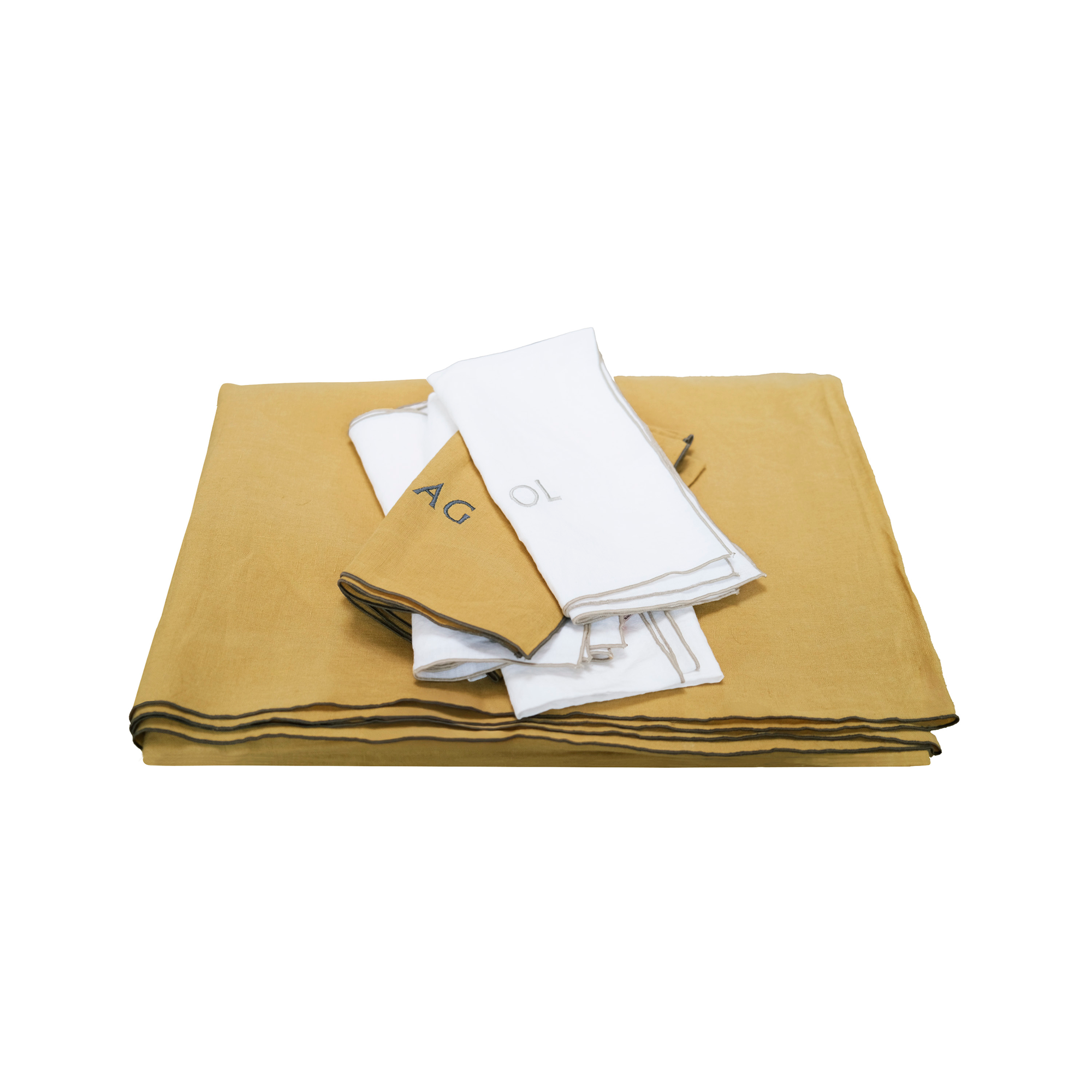 Autour du lin : Lot de 6 serviettes brodées + 1 nappe