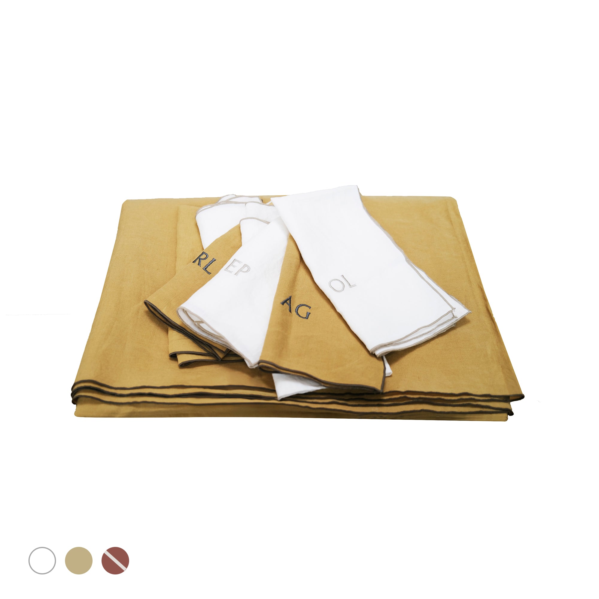 Autour du lin : Lot de 8 serviettes brodées + 1 nappe