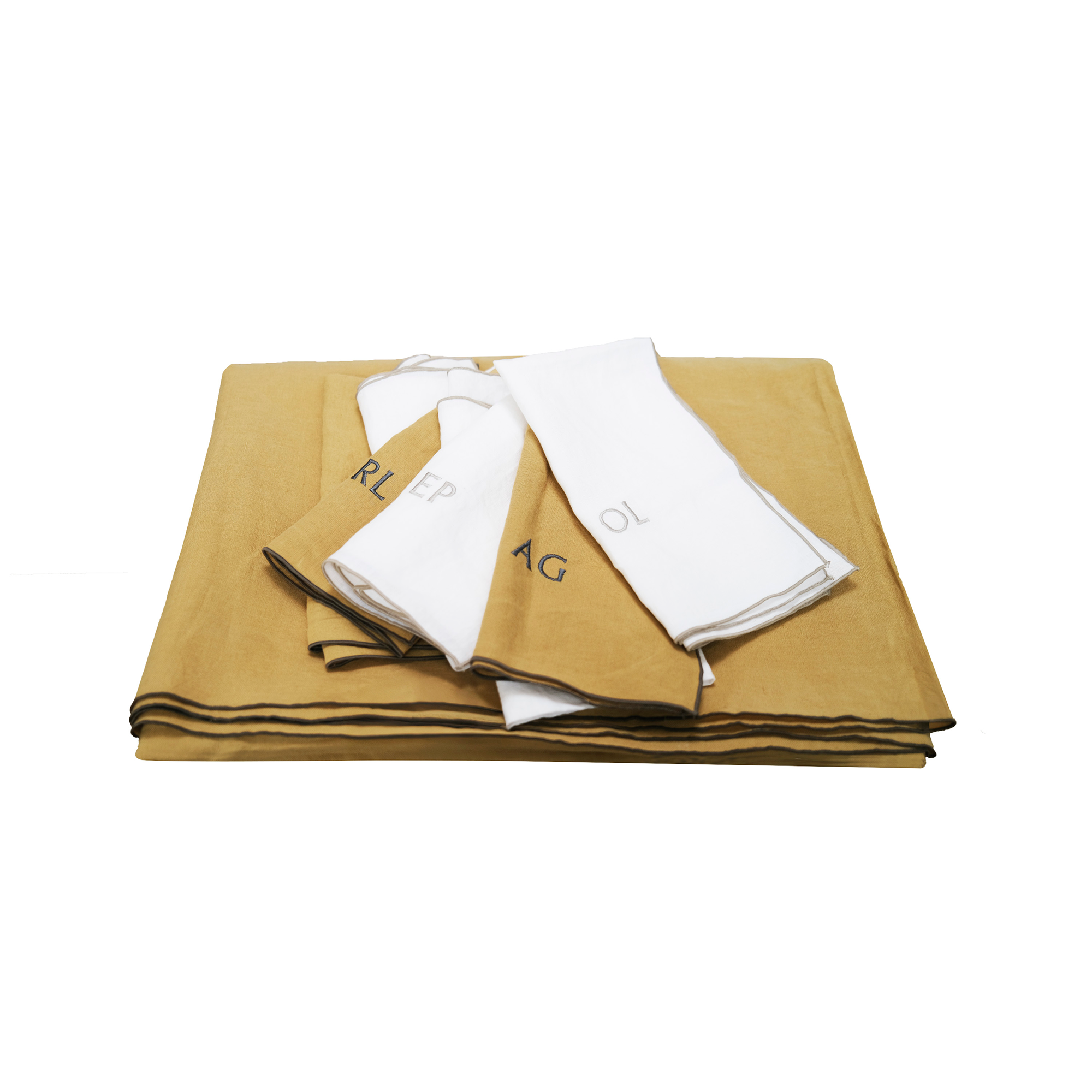Autour du lin : Lot de 8 serviettes brodées + 1 nappe