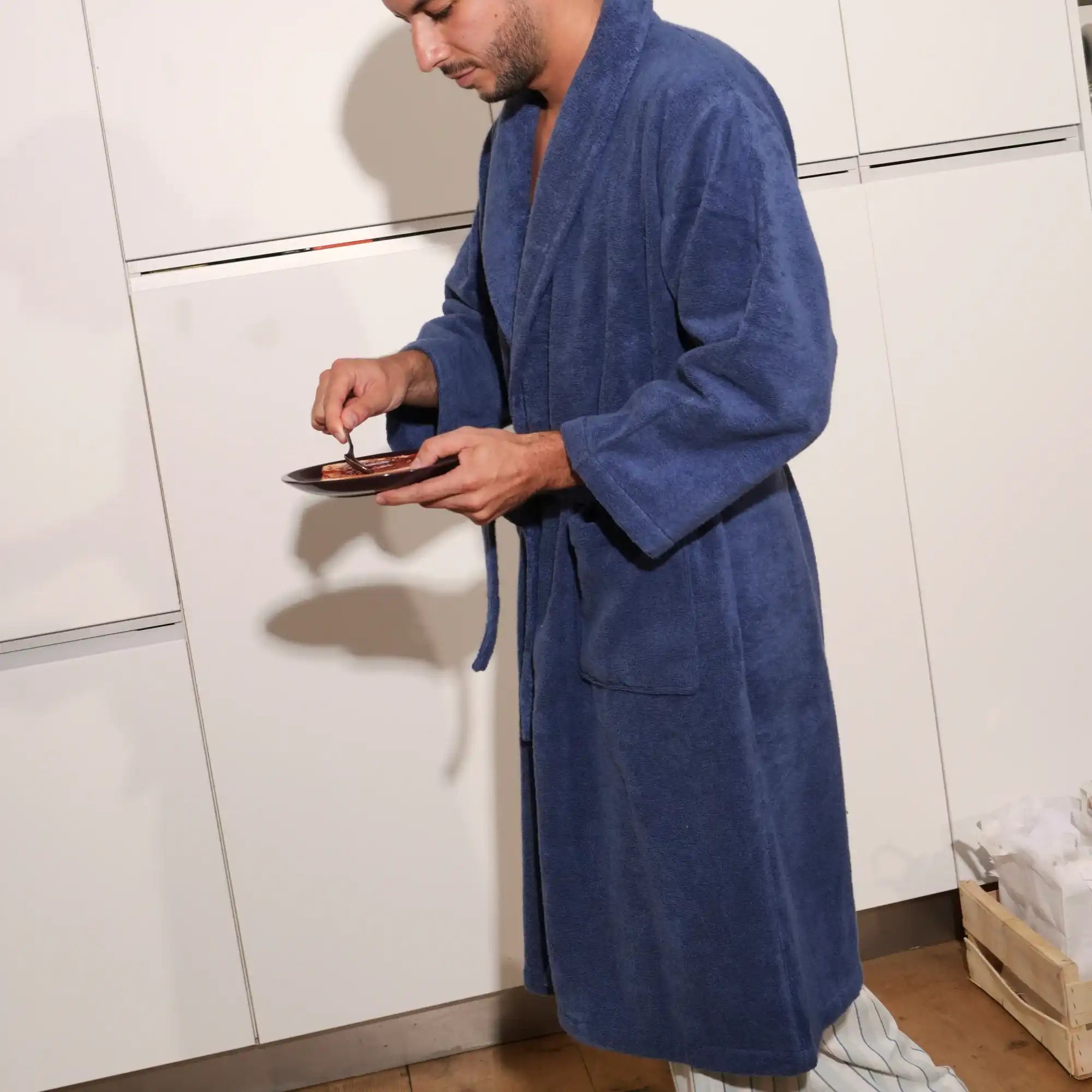 Peignoir adulte Douceur Nature BIO Col Châle - Bleu indigo