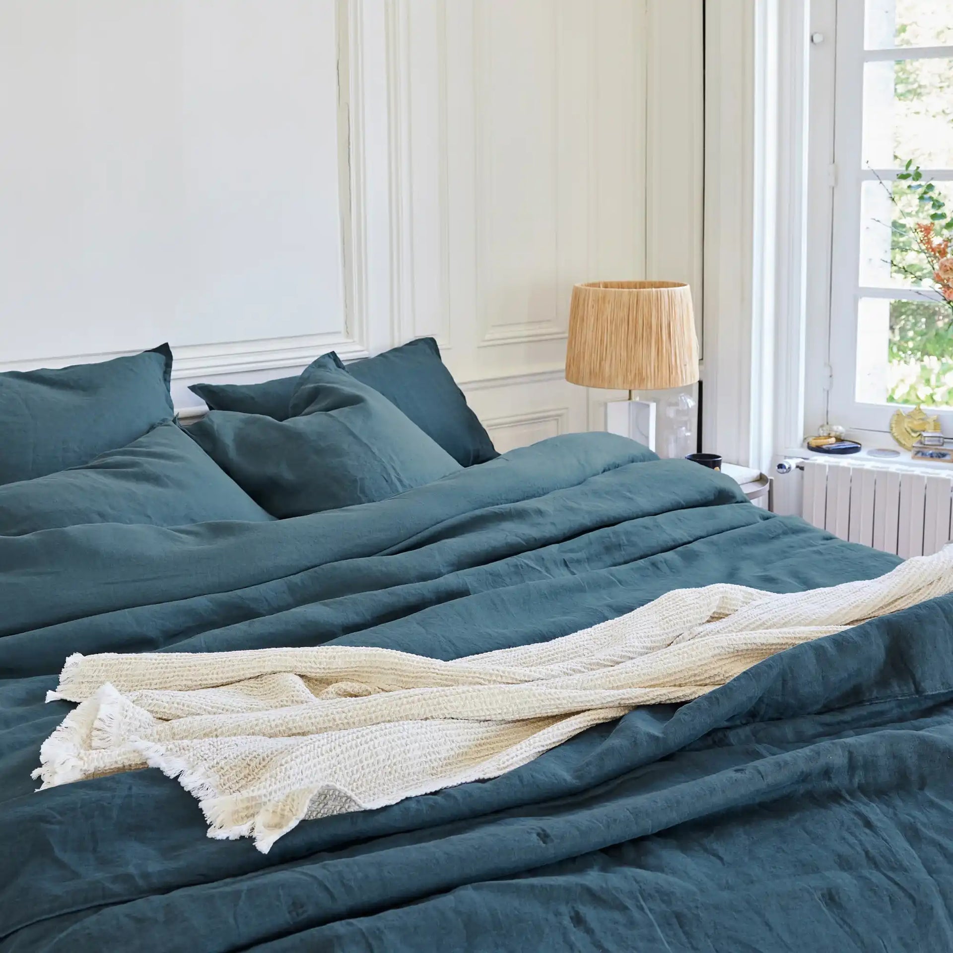 Carré Blanc Housse de Couette Lin Bleu Nuit