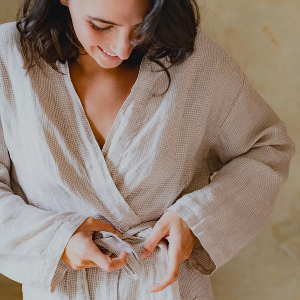 Peignoir adulte Rêve de Lin Col Kimono – Pied de Poule Beige