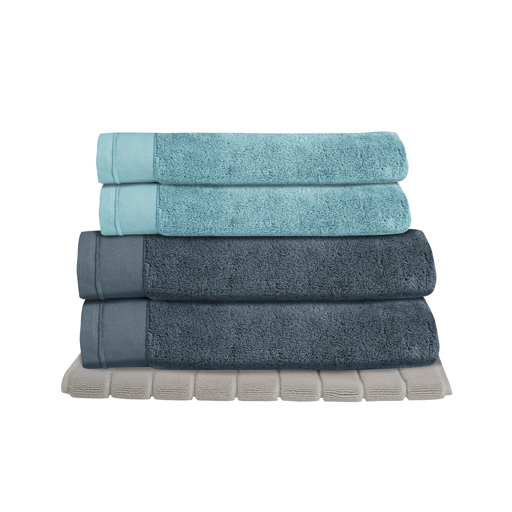 Lot Douceur Nature : 2 serviettes de bain 70x140 cm + 2 serviettes de toilette 50x100 cm + 1 Tapis de bain